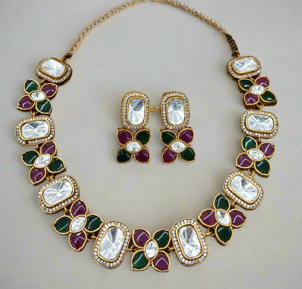 artificial flower red and green stone necklace with matching earrings for women on occasion of diwali/ anniversary/ wedding